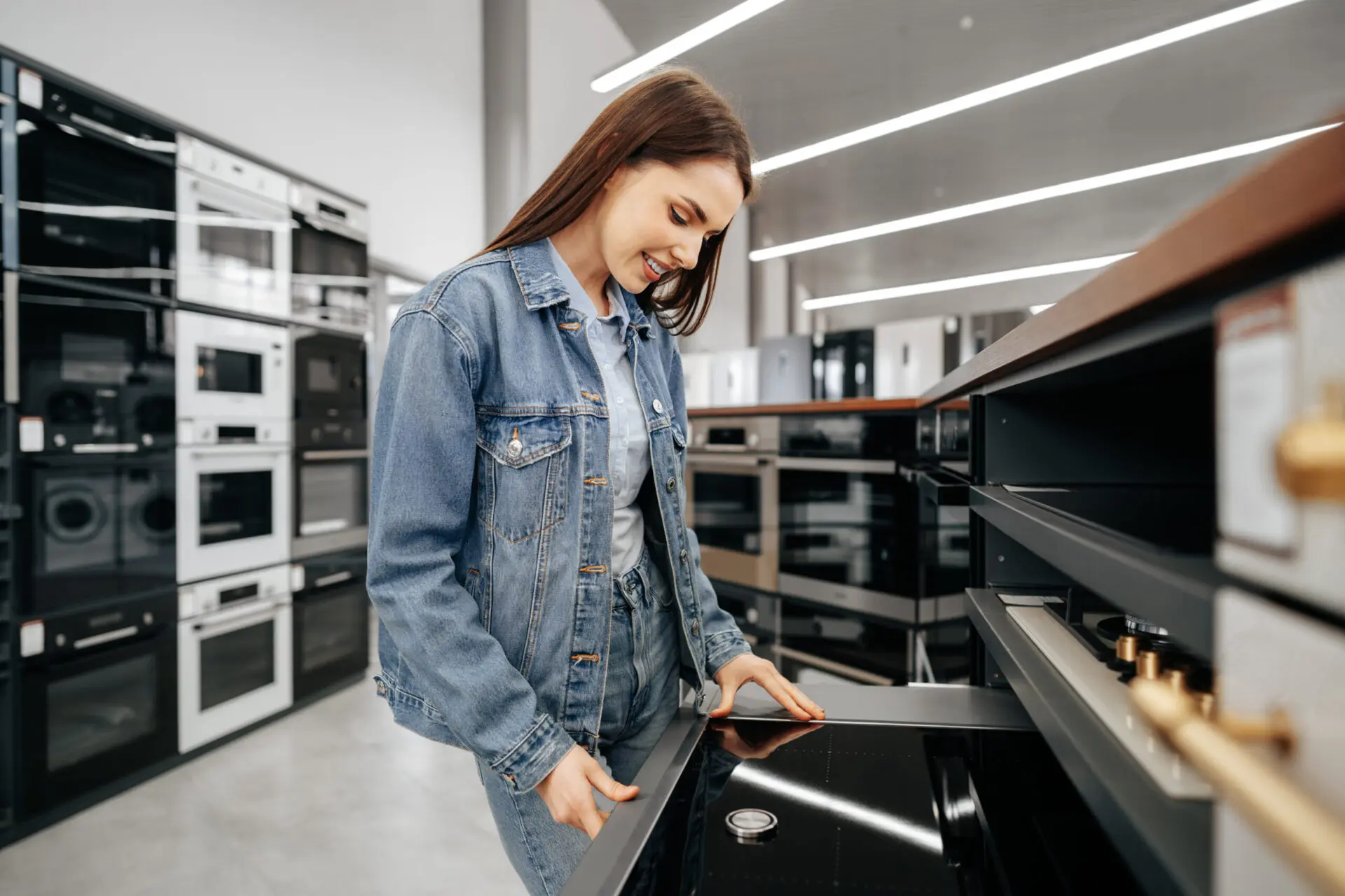 young brunette woman choosing new electric stove hypermarket scaled